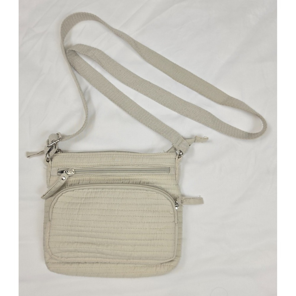 Grey/Ivory Quilted Crossbody Bag Small Multi Pocket Adjustable Strapy Purse